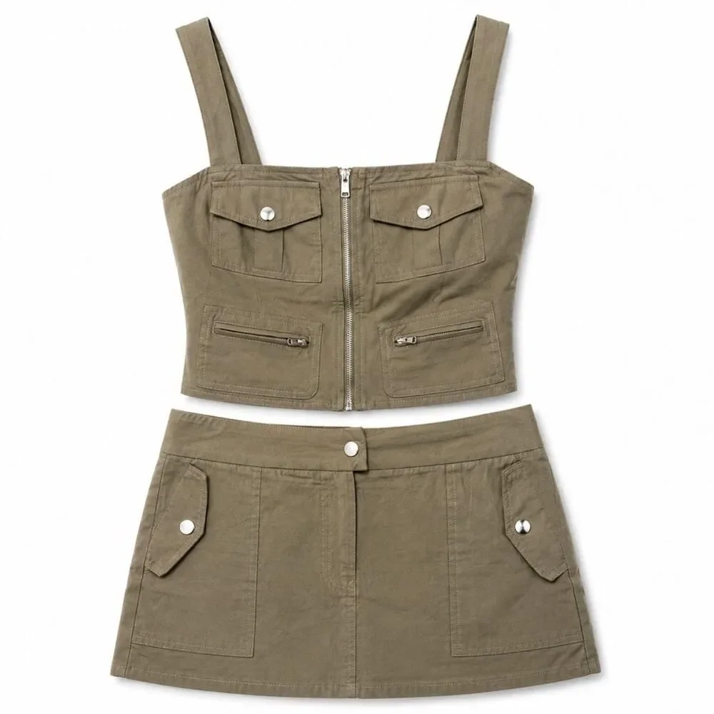 White Fox Olive Green Utility Cargo Corset Crop Top Mini Skirt Set M